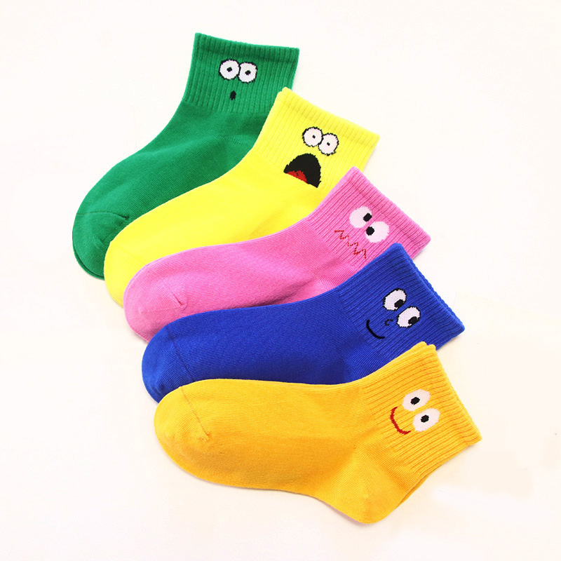 5 Pairs Kids Socks Funny Face Emoticons Pattern Comfortable Breathable Boys Girls Socks Funny Face L 6-8Y 17-19cm